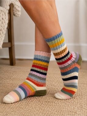 Women’s Scrappy Wool Socks Rainbow Striped Hand Knit